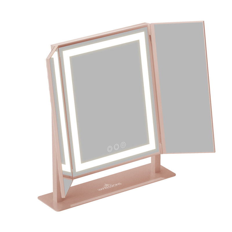 Ecka Luxury Trifold LED Tri-Tone Makeup Mirror with 360 Degree Tilt, Vanity Mirror with Stand, Rose Gold