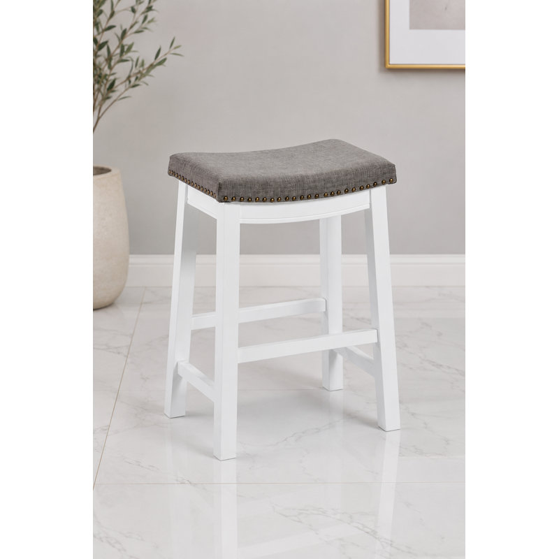 Tabouret de bar sans dossier Bellea Vita en bois massif avec garniture cloutée (lot de 2), Blanc