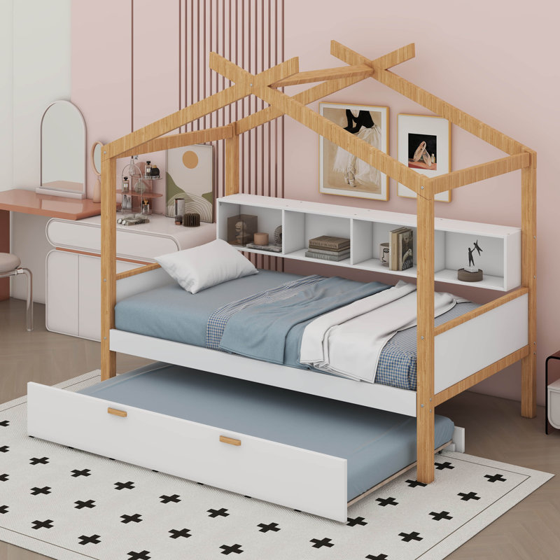Lit plateforme avec bibliothèque de rangement Anyelf House, Full/Double