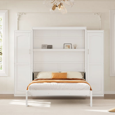 Full Size Murphy Bed With Two Wardrobe And Storage Shelf, Multifunctional Foldable Platform Bedframe For Guest-Room, Bedroom, White
