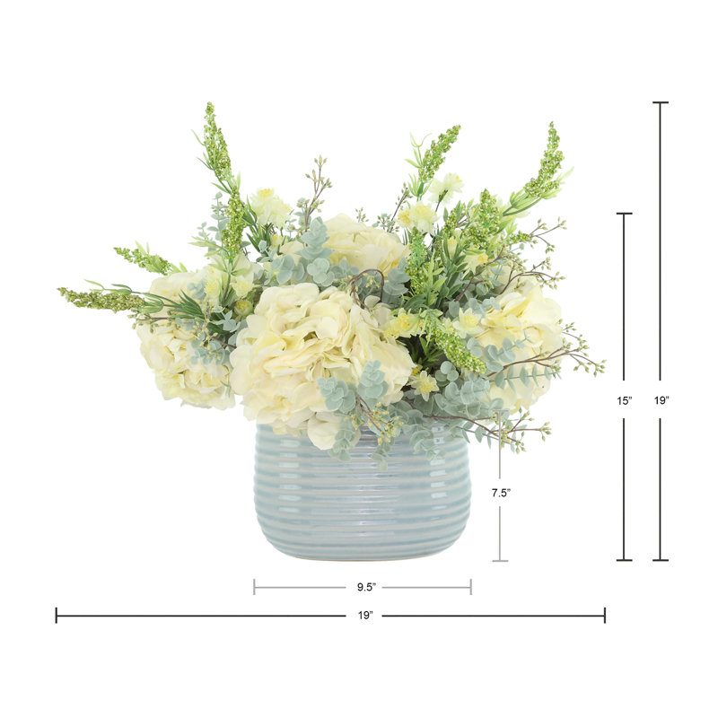 Spring Centerpiece with Hydrangeas, Eucalyptus and Heather