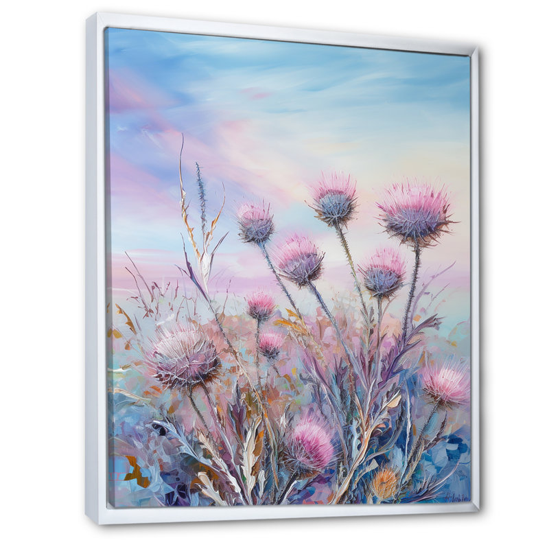 Minimalisme chardon nature fluorescente sur toile, Cadre flottant blanc, H 40 po x l 30 po x P 1,5 po