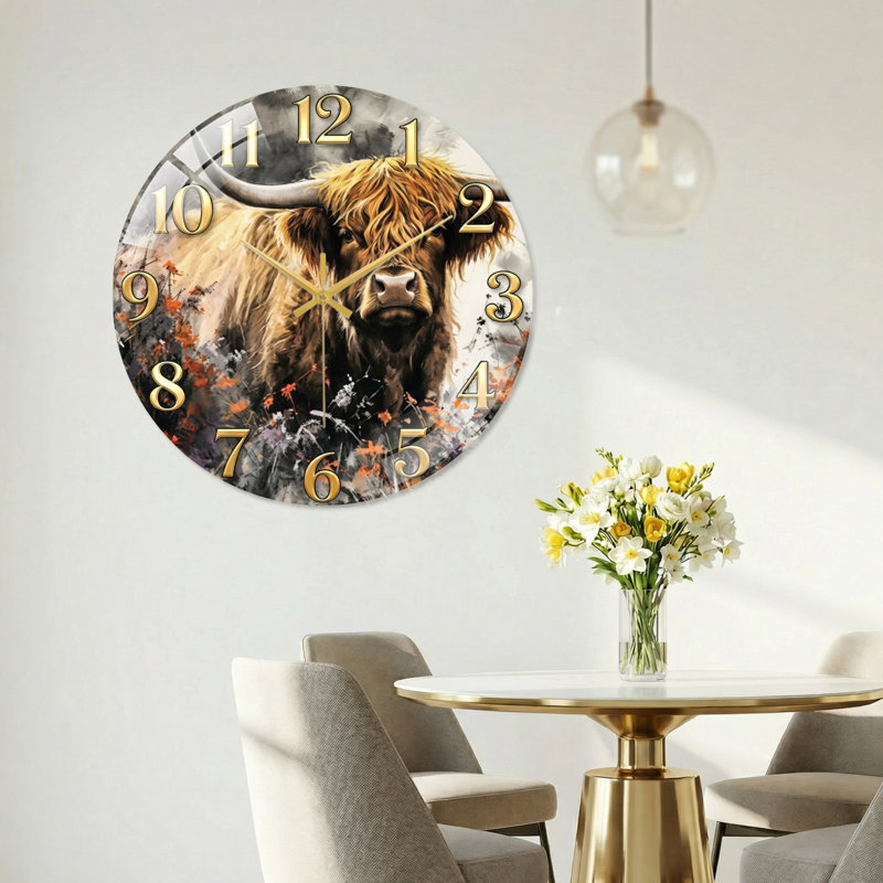 Horloge murale en verre Highland Cow, 40 x 40 cm (15,7 x 15,7 pouces)