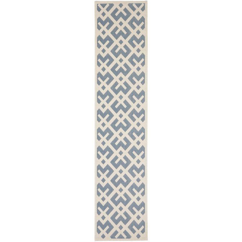 Arneshia Geometric Blue/Bone Area Indoor/Outdoor Area Rug, Runner 2'3" x 14'