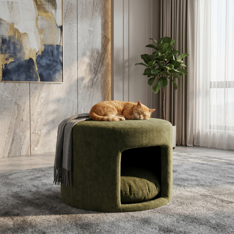 Pouf rond 2 en 1 vert pour animaux de compagnie avec coin pour animaux., Repose-pieds vert pour animaux 2 en 1