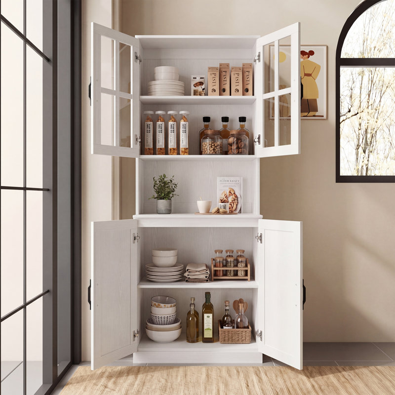 71" H X 23.6" W Kitchen Pantry With Bookcases, Glass Door Kitchen Hutch, White