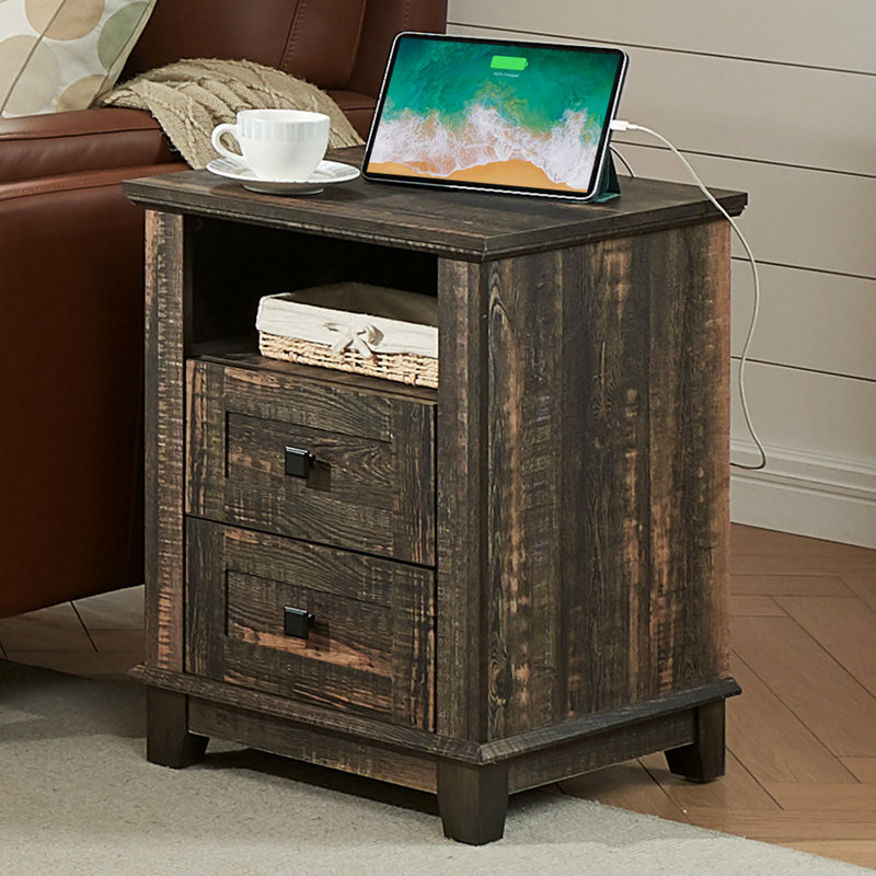  Shunette Tray Top 2 - Drawer End Table and Built-In Outlets,Black, Black