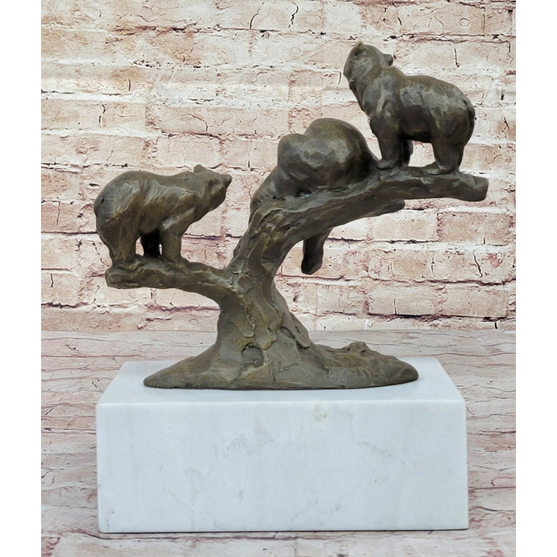 Bronze Bear Family Sculpture on Marble Base