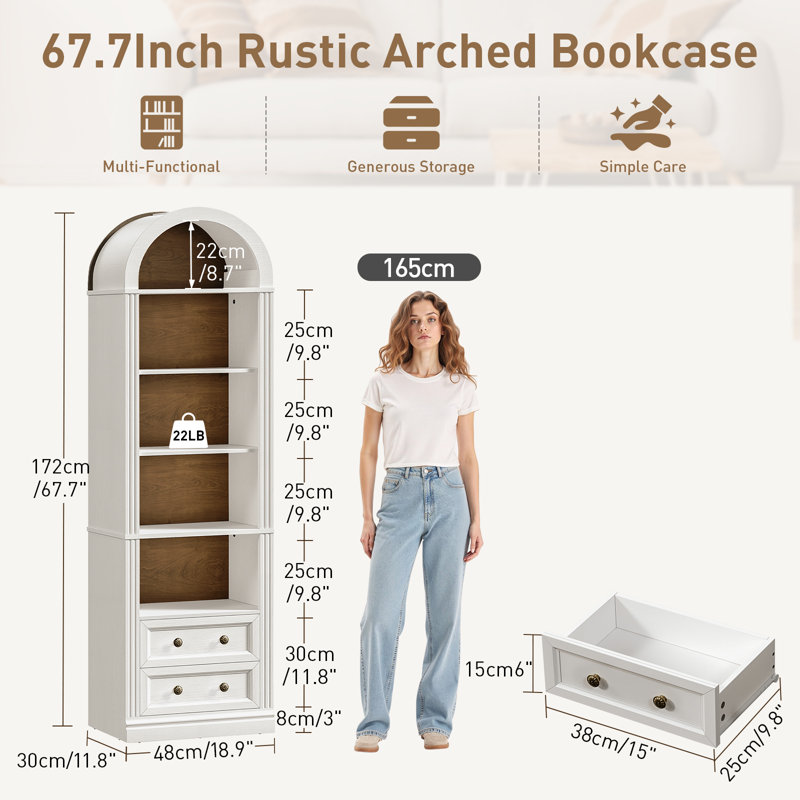 67.7" Tall Narrow Bookcase Bookshelf with 2 Drawers and 5-Tier Farmhouse Arch Book Shelf, White/Walnut