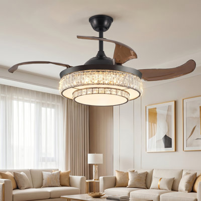 42" Black Modern Retractable Crystal Ceiling Fan with Light, 3CCT Dimmable Remote Fandelier