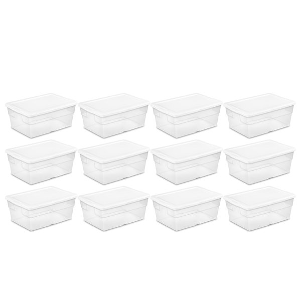 Sterilite 6 Qt Storage Box, Stackable Bin with Lid, Plastic Container to  Organize Shoes and Crafts on Closet Shelves, Clear with White Lid, 12-pack