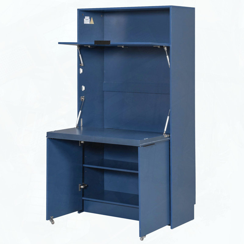 Compact Kitchen Pantry Buffet with Foldable Workstation, Dark Blue