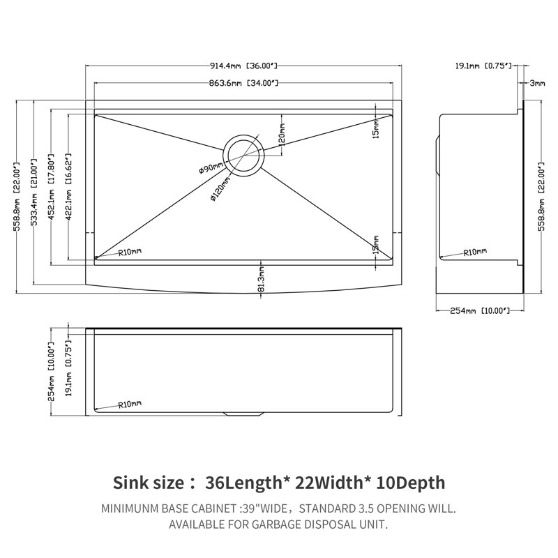 Kitchen Sink, 10" H x 22" W x 36" D
