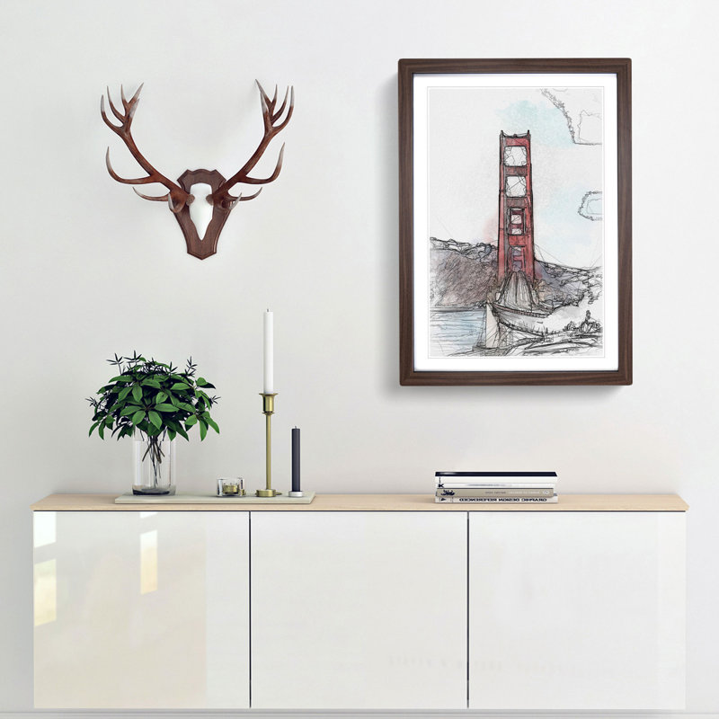 Golden Gate Bridge - Picture Frame Graphic Art Print, 87cm H x 62cm W x 2cm D, Walnut Framed