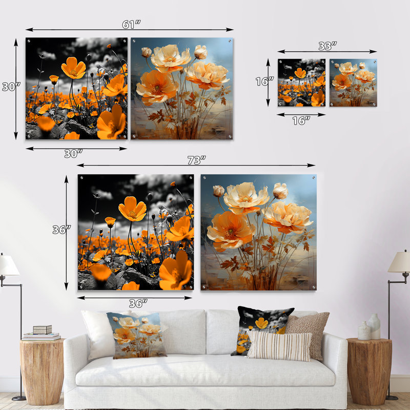 «Yellow Buttercups Buttercup Meadow», ensemble d'art mural en verre sur pied, H 36 po x l 73 po