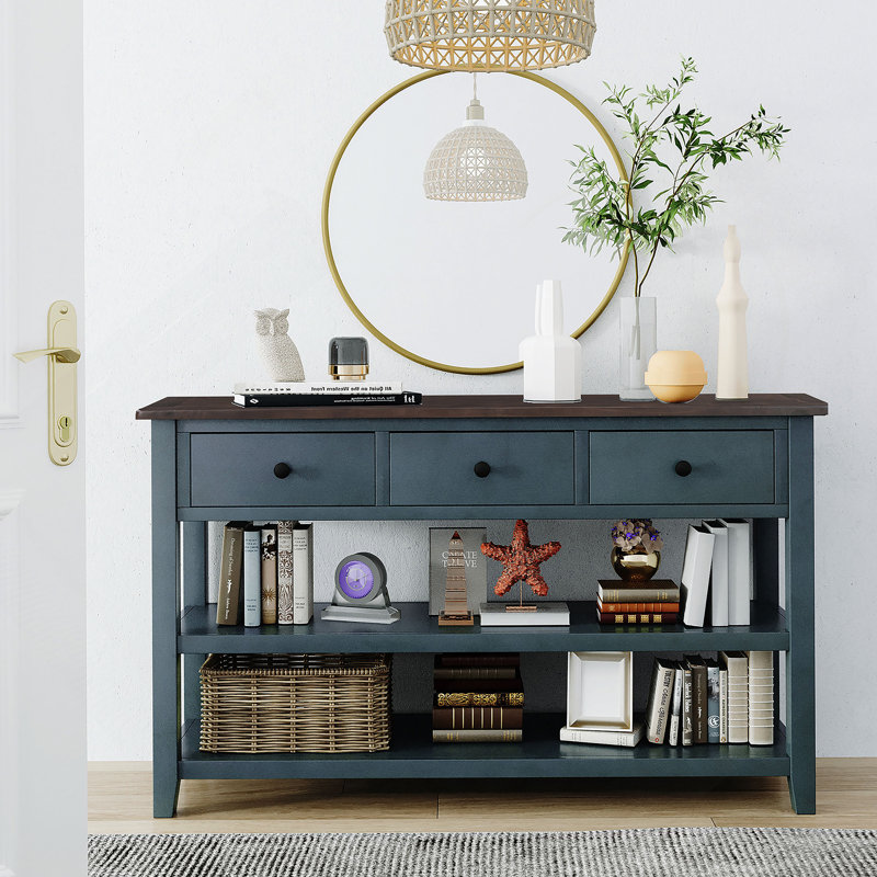 Console rétro avec deux tablettes ouvertes, structure en bois de pin massif et pieds pour le salon (bleu marine), Marine