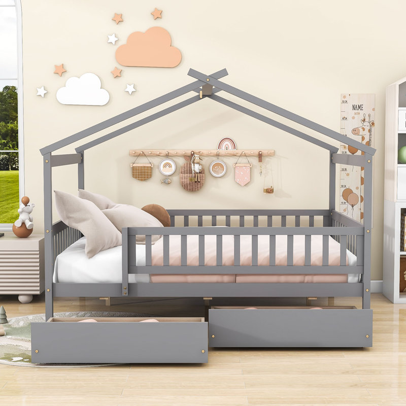 Lit de maison avec tiroirs de rangement et toit Ansam, Gris, Double