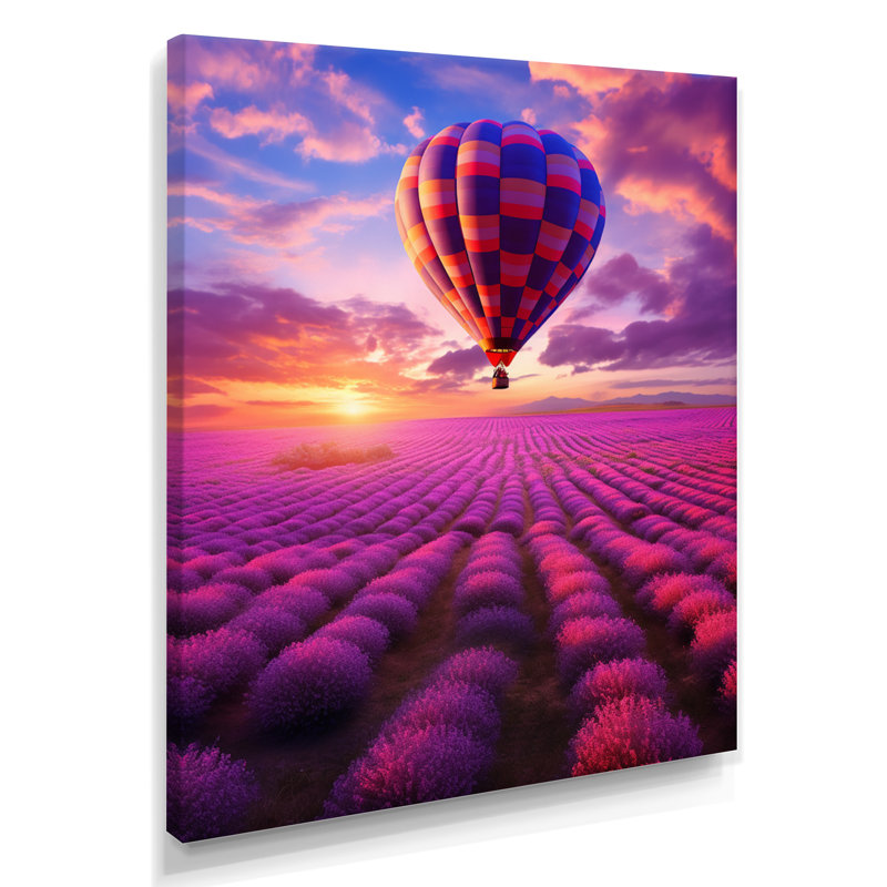 Ballon carré survolant des champs de lavande - montgolfière, salon d'art mural, Toile tendue, H 32 po x l 16 po x P 1 po
