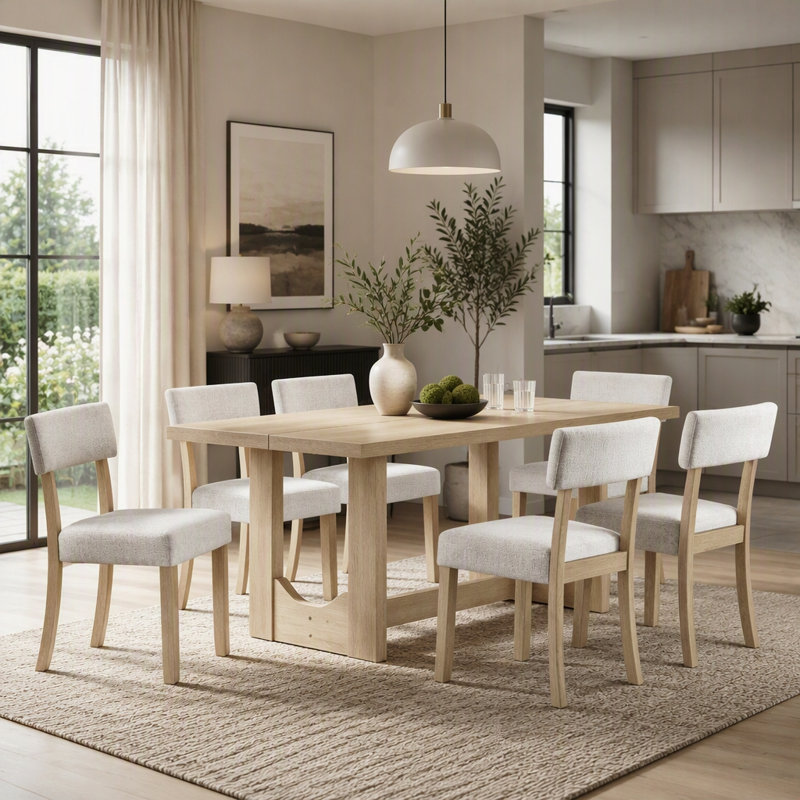 Ensemble de table de salle à manger 7 pièces pour 6 tables de 57 pouces avec 6 chaises rembourrées en lin, style japonais