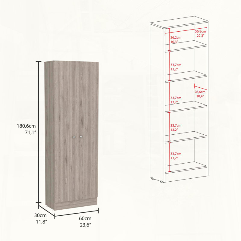 Armoire de rangement haute avec cinq tablettes et deux portes, Brun