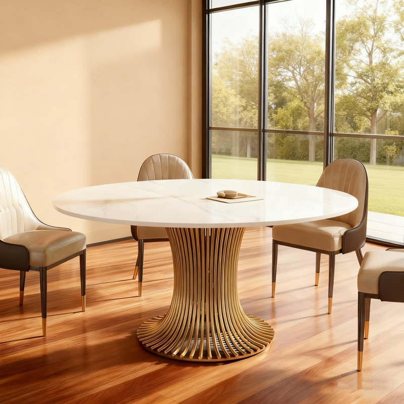 Modern 59" Sintered Stone Round Dining Table With Gold Stainless Steel Pedestal For 6 People