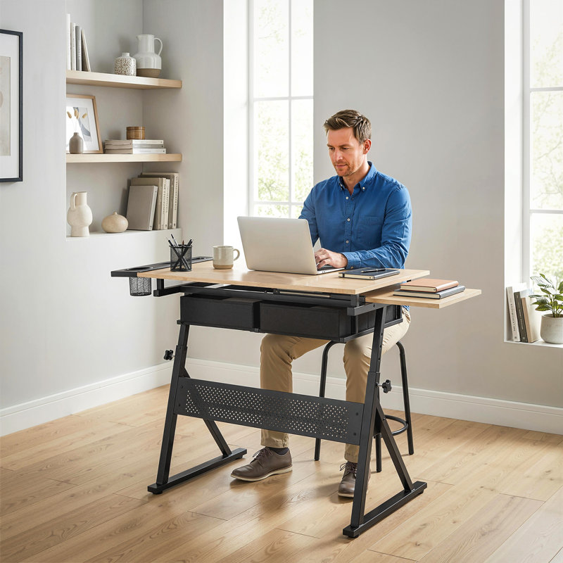 Table à dessin réglable, table à dessin avec tabouret, chêne