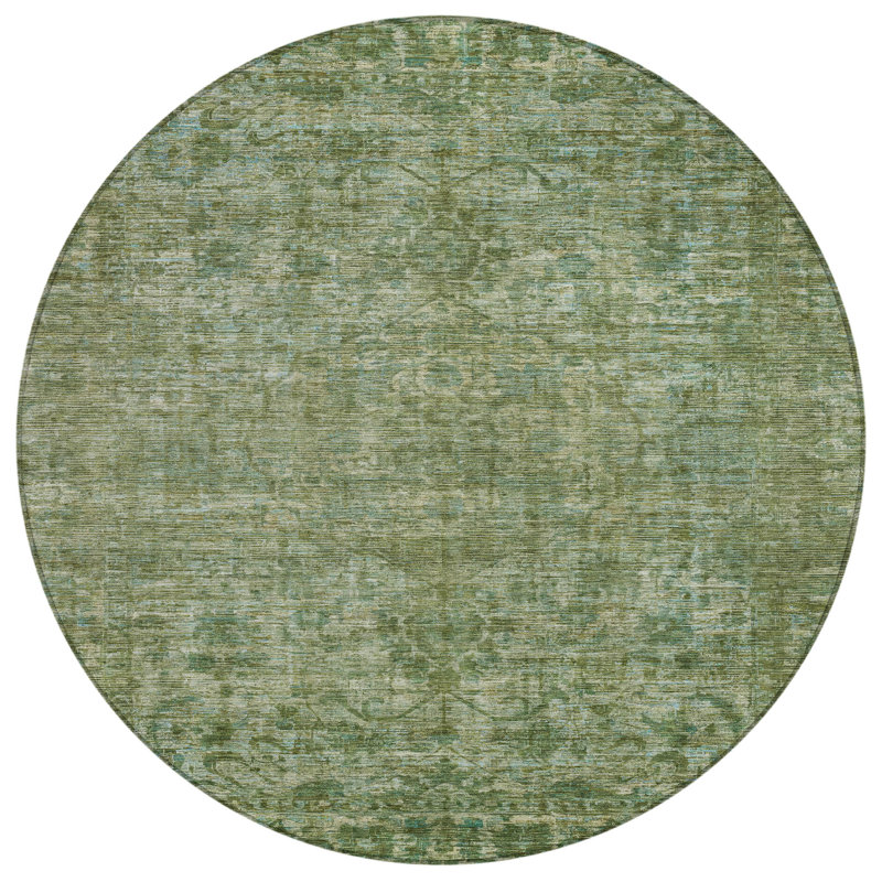 Machine Washable Indoor/Outdoor Xhevrie Olive Rug, Round 8'