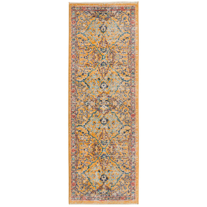 Tapis jaune / bleu / rouge Indigo, Tapis de couloir 2 pi x 5 pi 11 po