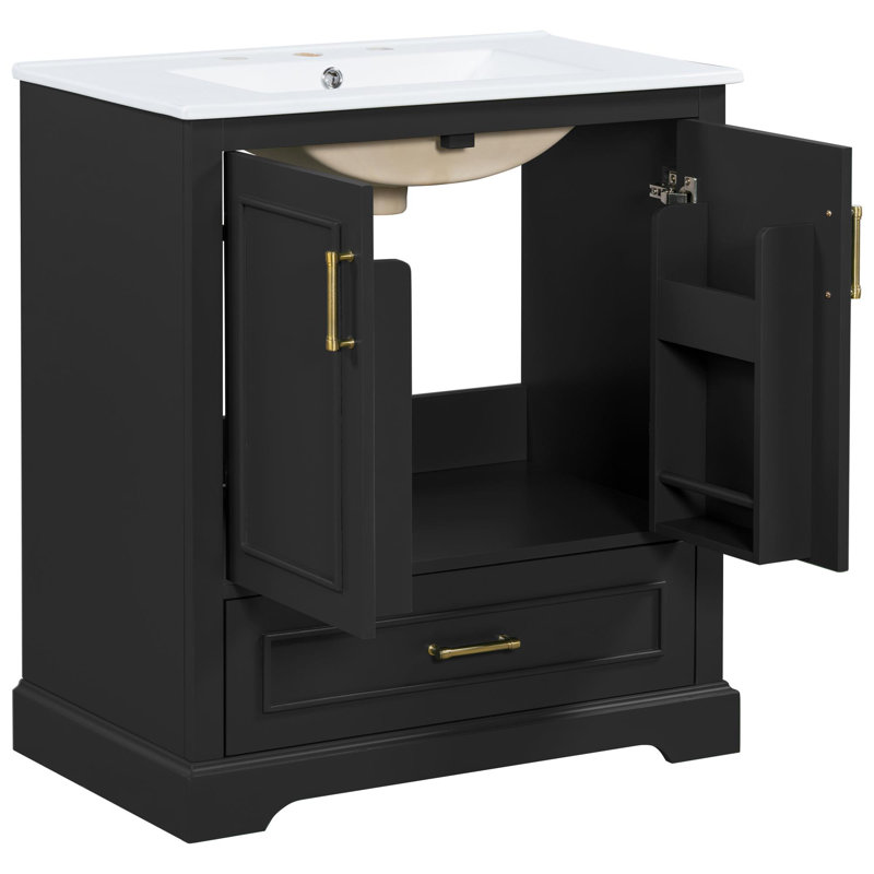 Bathroom vanity with a ceramic sink, compartmentalized drawers, soft-close doors, and a cabinet shelf, Black, 30
