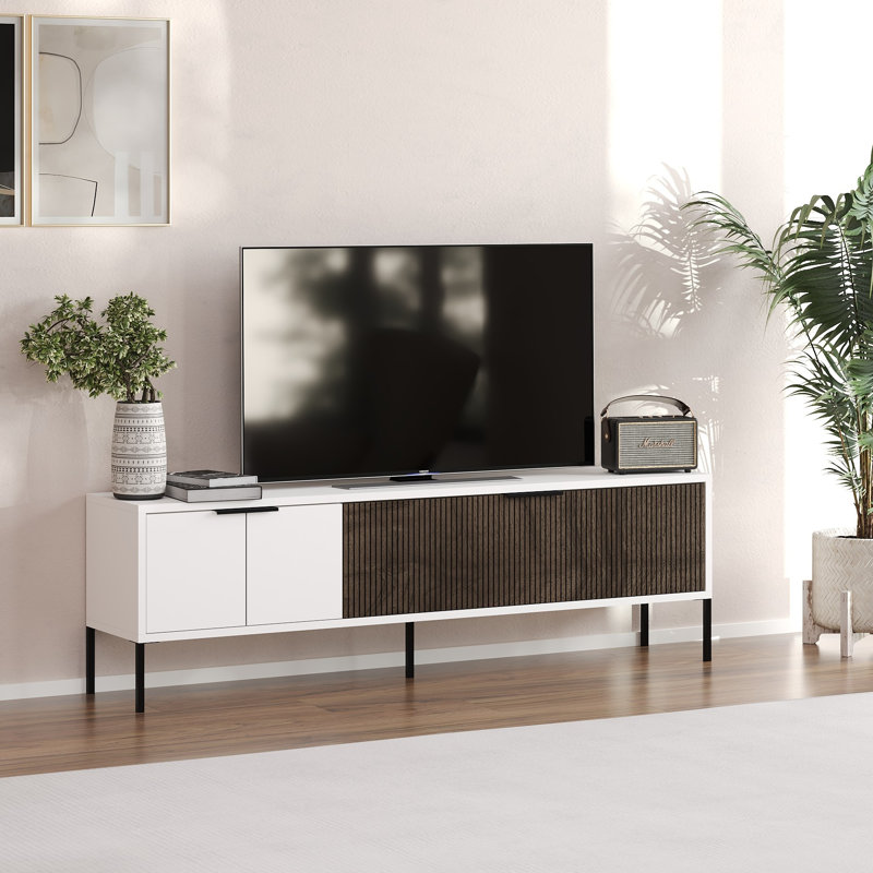 Modern TV Stand with Numerous Shelves, White & Walnut Finish, 59.1 x 17.7 x 11.8 inches | 100% Melamine Coated Particle Board, Thickness: 0.7 inches | Wall-Mountable Design, Stylish & Functional for Living Room Decor