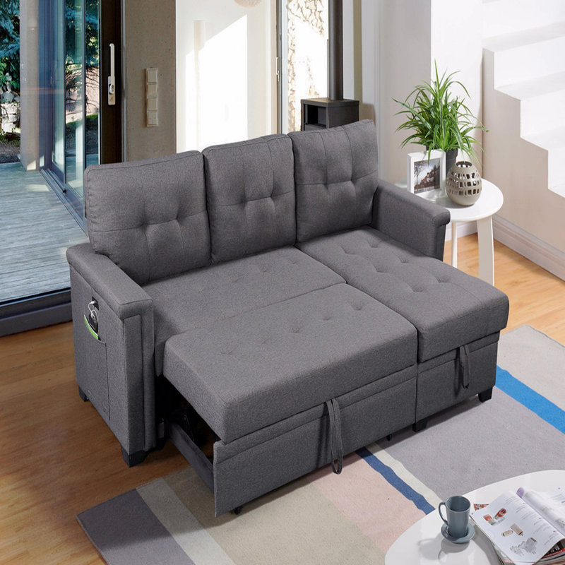 Sleeper, Reversible  Basic Sectional Sofa Sofa Sofa With Storage Chaise, USB Charging Ports And Pocket, Light Gray Linen