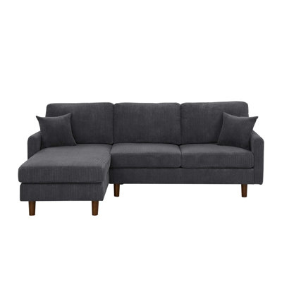 Corduroy Upholstered Sectional With Wooden Legs & Toss Pillows