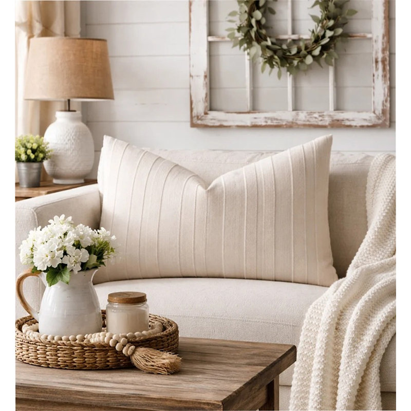 Housse de coussin décoratif rayé beige clair texturé 12 po x 20 po - Ensemble de 1 taie décorative moderne, Simple, Beige