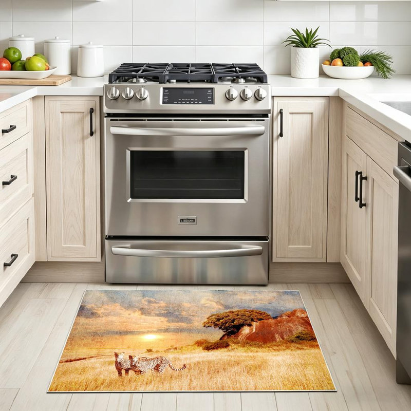 Tapis intérieur doré lavable à la machine, motif guépards dans la savane africaine, Rectangle 32 po x 47 po