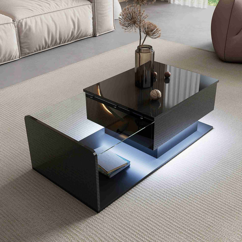 Table basse, noir brillant, table d'appoint, table basse avec verre et effet DEL, avec plateau en verre.