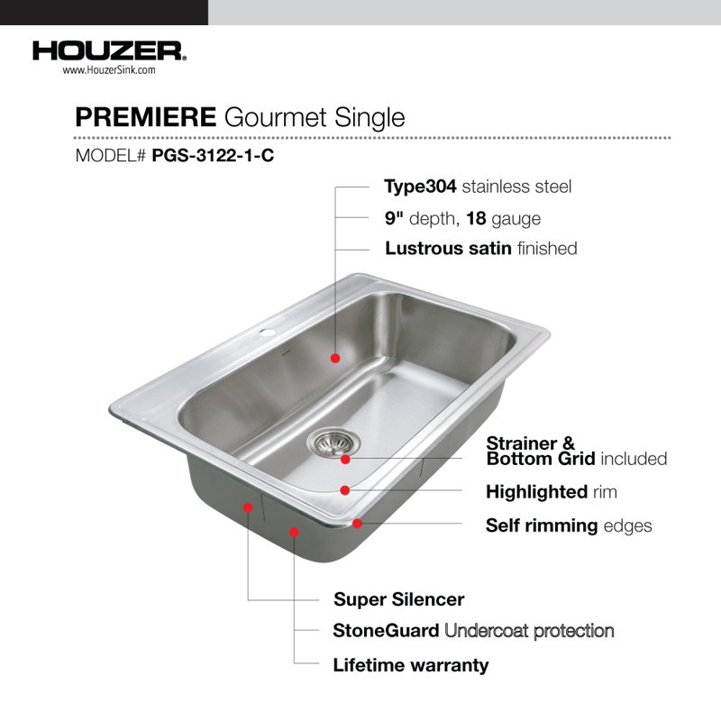 Évier de cuisine à un trou en acier inoxydable à un trou avec crépine et grille 33 po Houzer - TGS-3122-1-C