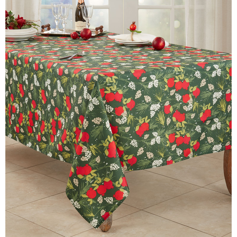 Holiday Pomegranate Red & Green Fabric Tablecloth
