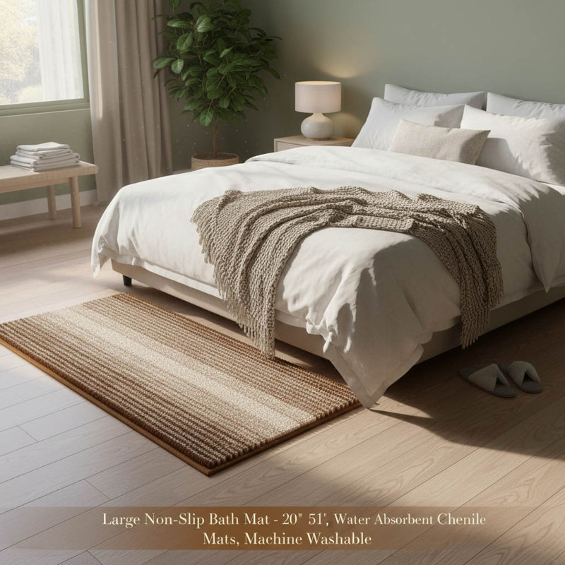 Chenille Non-Slip Bath Mat, Brown/Cream