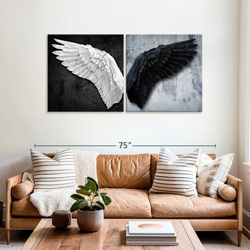 Decor Elements - Ailes d'ange blanches et noires sur toile, 2 pièces, H 32 po x l 65 po x P 1,25 po
