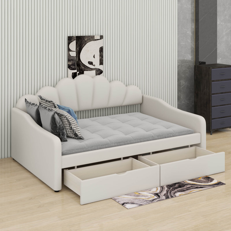 Structure de lit de jour rembourrée pleine grandeur avec dossier de forme basse et 2 tiroirs, tissu en velours, Beige