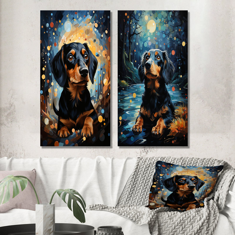 Dachshund Dreamscape - ensemble de 2 décorations murales chien en métal, H 28 po x l 24 po