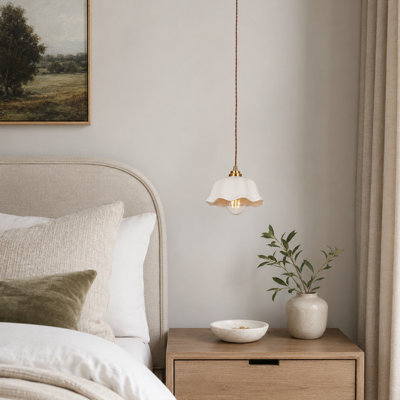 1-Light French Country White Ceramic Scalloped Pendant with Copper Finish and Adjustable Cord