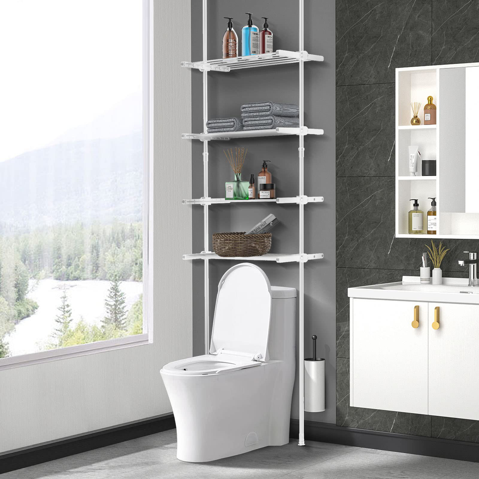 Bathroom Racks and Shelves Over-The-Toilet Cabinet, 4 Tier Metal Shelving  Unit Adjustable with Tension Poles Industrial Storage Organizer, White 