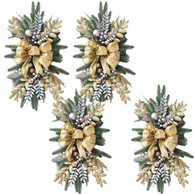 4Pack Christmas Swags Teardrop 24" Prelit Cordless Stair Decorations with Lights Artificial Christmas Garland Wreath for Front Door Indoor Outdoor Home Window Decor