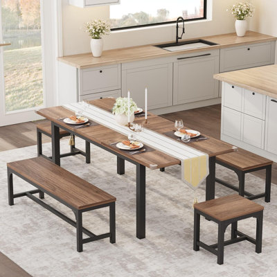 Ensemble de table de salle à manger pour 4 à 6 personnes avec 2 bancs, grand ensemble de table de salle à manger extensible de 63 po pour 4 personnes, ensemble de table de cuisine avec structure en métal et panneau de fibres à densité moyenne, ensemble de table de salle à manger en bois pour 6