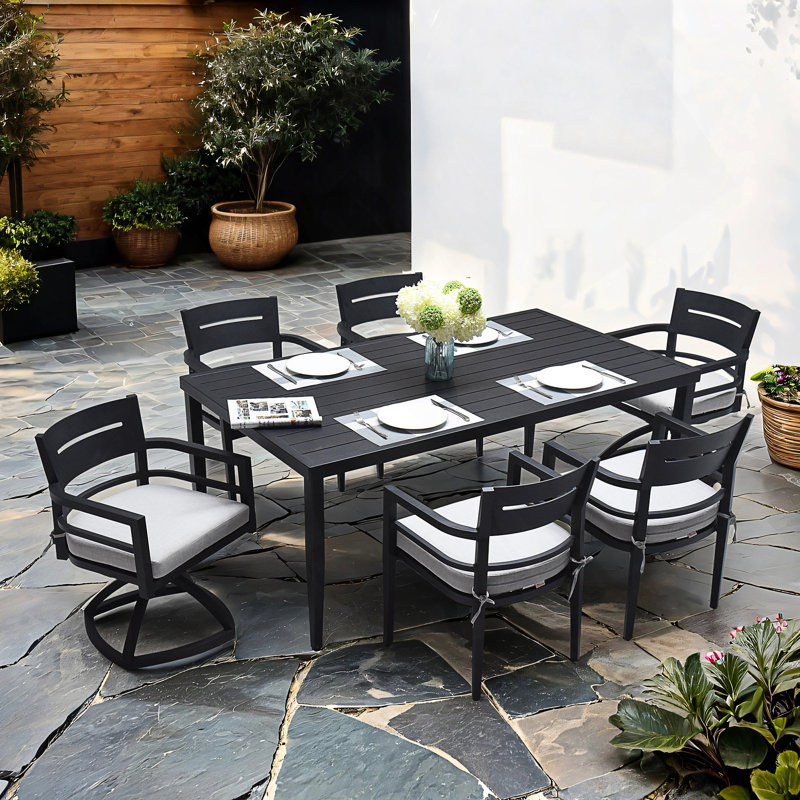 7-Piece Outdoor Patio Aluminum Furniture, Modern Dining Set, Including 4 Dining Chairs & 2 Swivel Rockers Sunbrella Fabric Cushioned And Rectangle Dining Table With Umbrella Hole