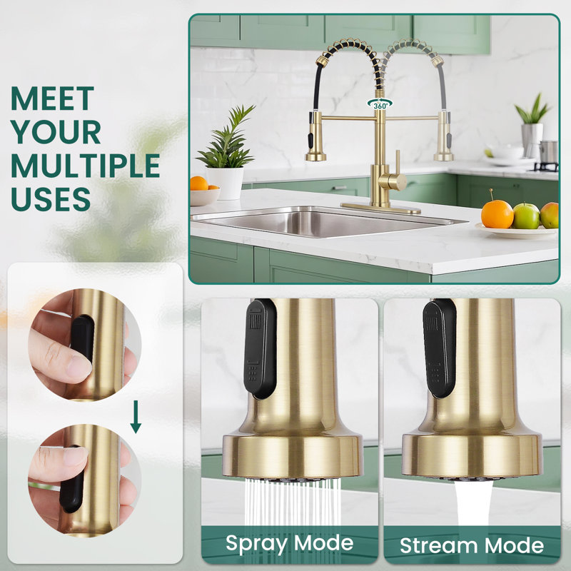 Single handle kitchen faucet with two pull-down water outlet modes, Brushed Gold