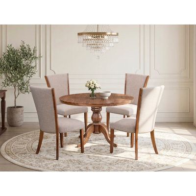 Ensemble de 5 pièces pour coin-repas pour 4 personnes comprenant une table ronde de 48 po avec piédestal et 4 chaises rembourrées en lin brun clair, noyer antique