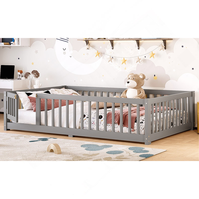 Lit au sol avec garde-corps et porte pour enfants, Lit double, Gris