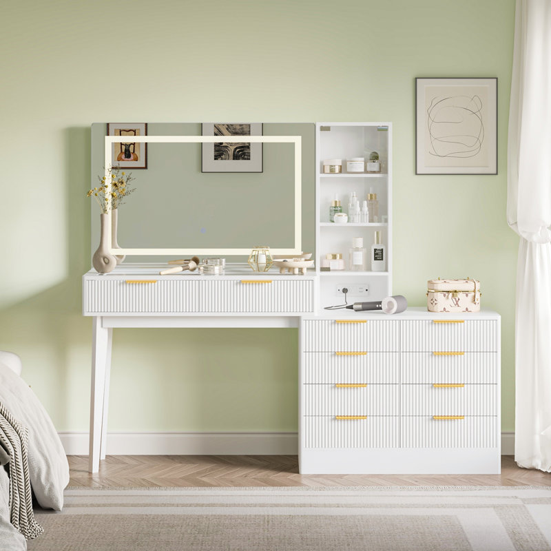 Makeup Vanity Desk with LED Lighted Mirror, 10 Drawers, Glass Door Display Cabinet, Built-In Power Outlet & USB Ports, Fluted Design Vanity Table with Solid Wood Legs, White
